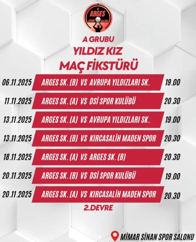 edirne arges a grubu yıldız kız maç fikstürü 2. devre 2025 sonbahar